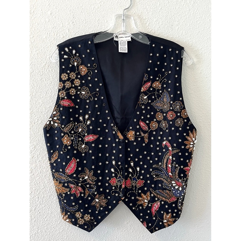 Vintage Ana Mori Vest Beaded Embellished Black Floral Multicolor One Size 80's
